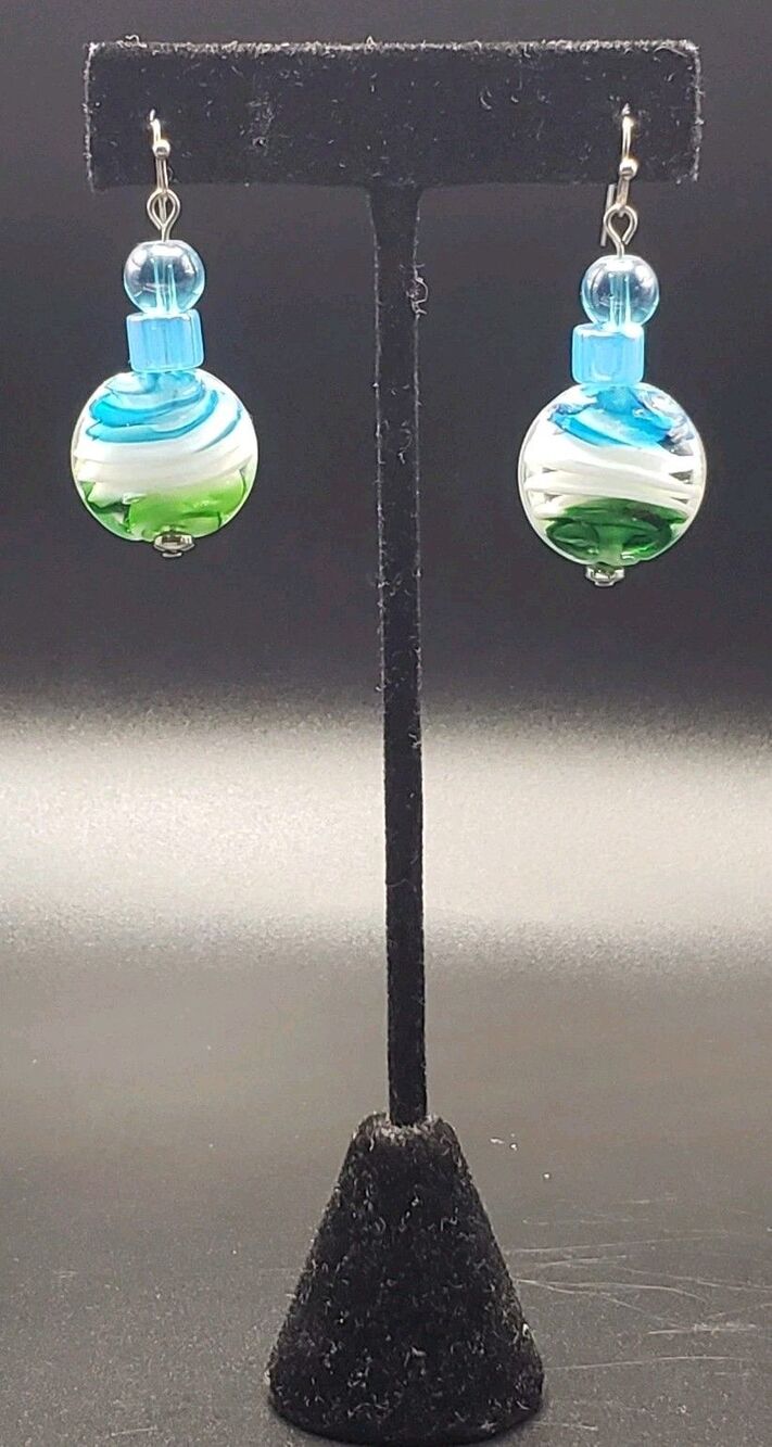 Green,Pewter-tone  Blue Glass  Ceramic~Costume~Dangle~Drop Earrings Brand New!